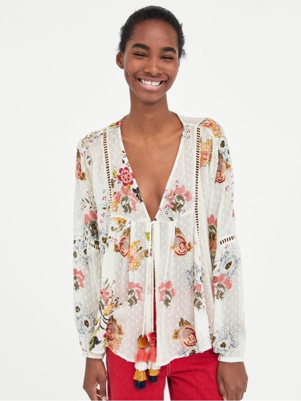 Zara Multicolored Long Sleeve Tie Front Blouse